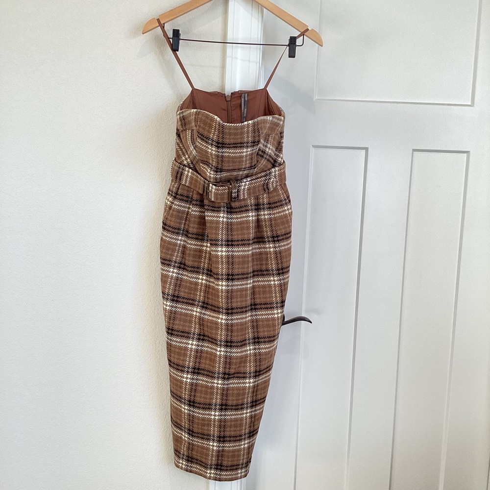 Anthropologie Strapless Belted Midi Dress New Plaid Brown Wool Size 2 - Picture 5 of 16